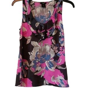Ann Taylor Petite Tank Top Floral Ruffled Blouse Black and Lavender 00P EUC